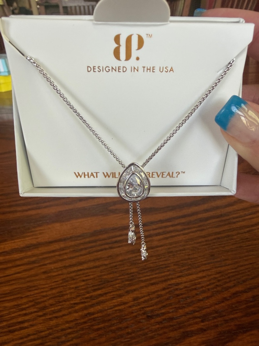 bp Silver Teardrop Lariat Necklace with Clear Stone and Tassel Drops
